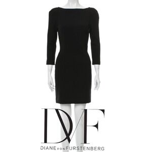 DIANE VON FURSTENBERG | Bateau Neckline Mini Dress Black 3/4 Sleeve Size 6 DVF